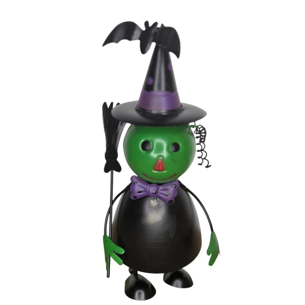 Whimsical Halloween Metal Witch Figurine Broomstick Spooky Folk Art Decor